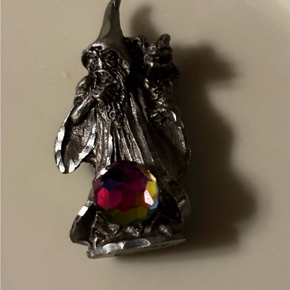 Pewter mini Wizard & Dragon Figurine iridescent crystal ball